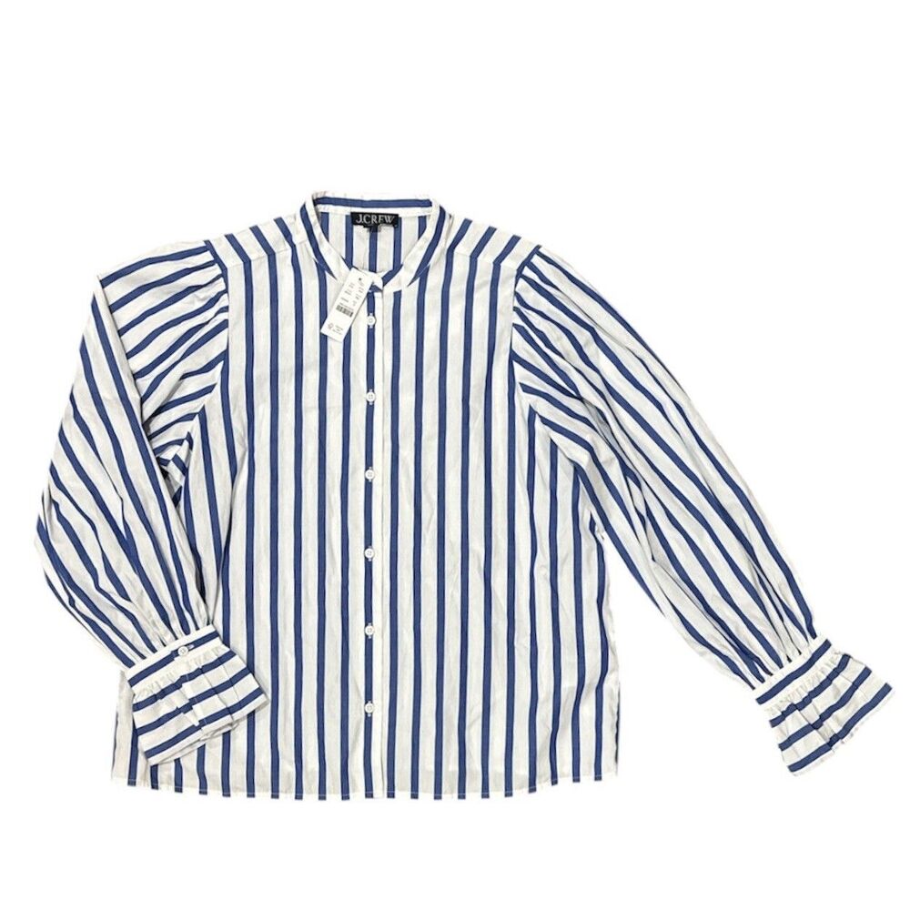 NWT J. Crew Button up shirt Ruffle Cuff Bank Collar Regal Blue Striped Size Sm